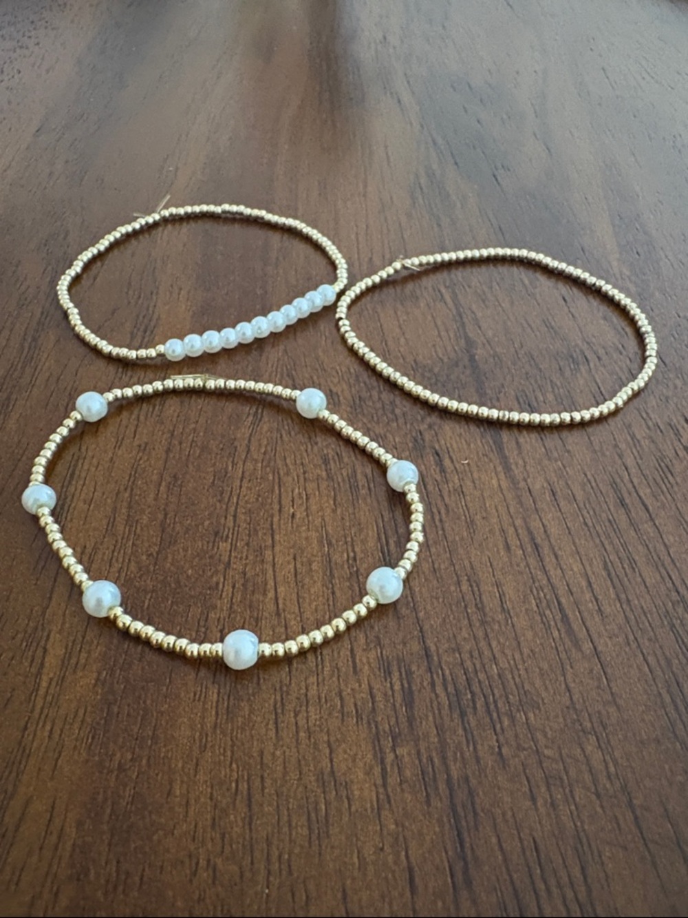 Gold 2mm Bead Stretch Bracelet Set with White Pearl Beads